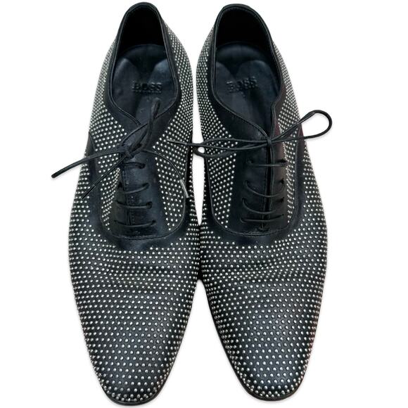 Hugo Boss Leather Black Silver Studded Lace Up Oxford Windsor Dress Shoes Sz 6.5 - Picture 1 of 10